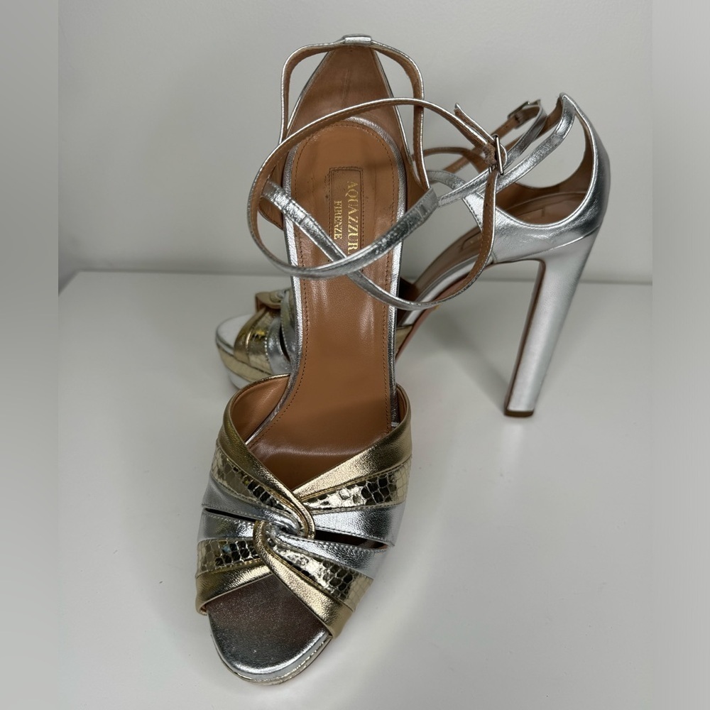 Aquazzura Metallic La Di Plateau Leather Sandals Sz 38.5